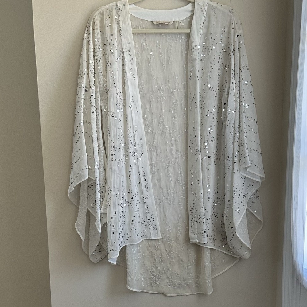 Soft Surroundings White Sheer Kimono Open Front Sequins Jacket S/M